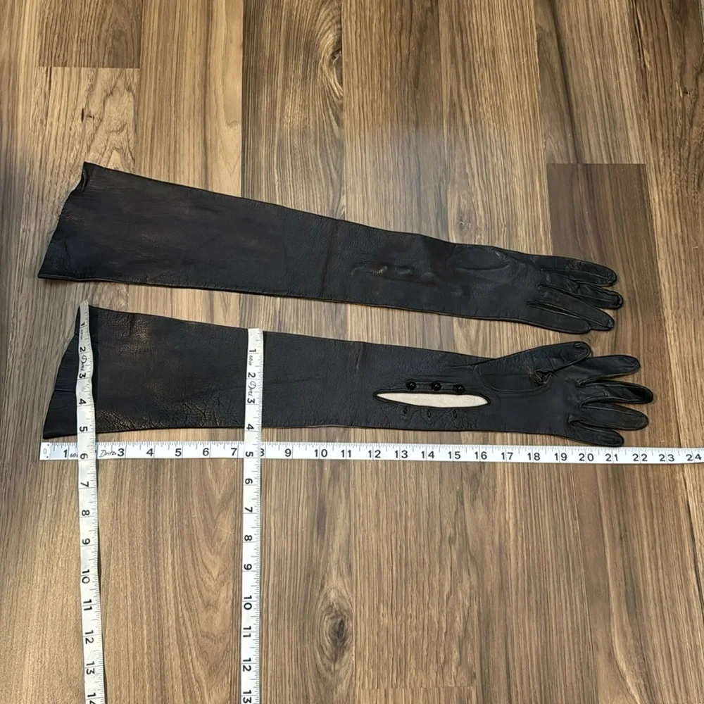 Antique Leather Soft Genuine Black Long Opera Evening Petite Chic Gloves Italy 7 - Picture 10 of 15